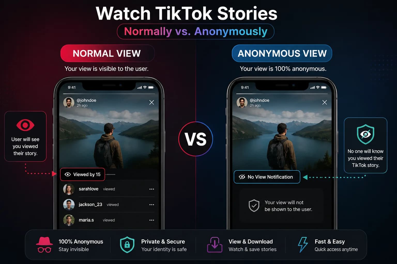Normal TikTok view shows your name in the viewer list, while an anonymous view sends no view notification