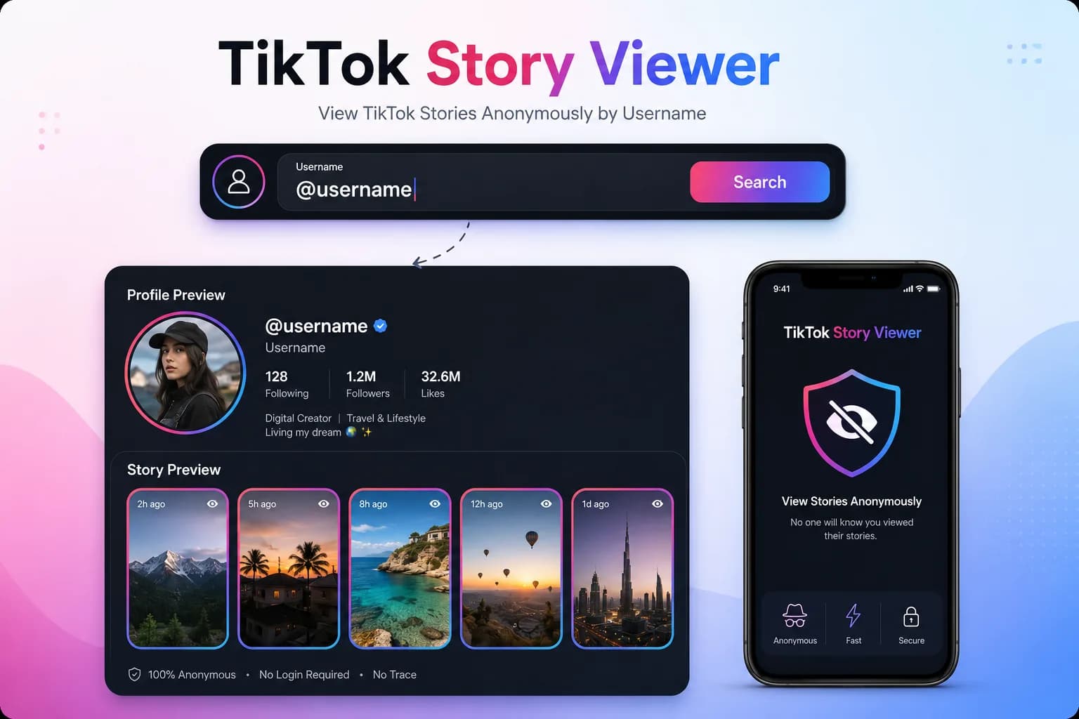TikTok story viewer by username: searching a handle to load a profile preview and that account's recent stories