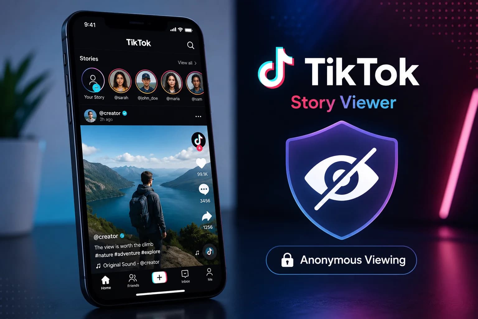 Anonymous TikTok story viewer showing a phone with the TikTok stories tray open beside an anonymous viewing shield